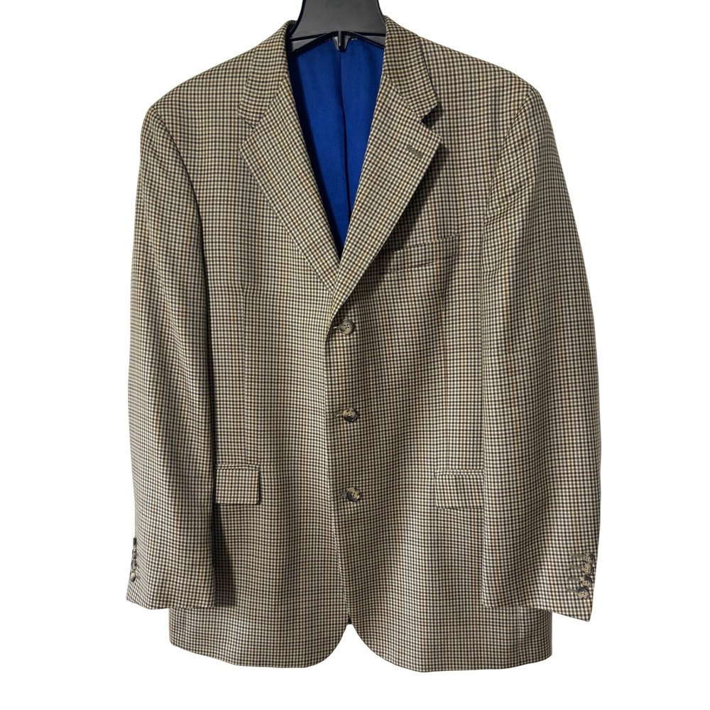 Tommy Hilfiger Vintage 100% Wool Houndstooth Sport Coat Blazer 44L Brown Blue